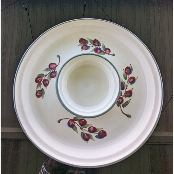 Cranberry Pottery Appetizer Dish With Bowl Attached for Dip Signed KTJ Red Cream - Picture 1 of 10